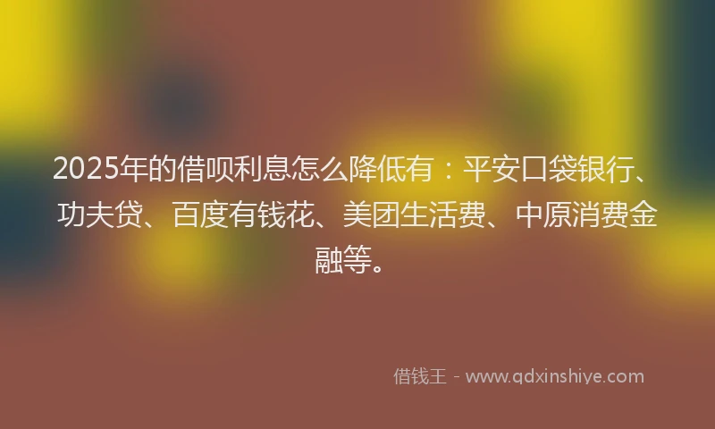 2025年的借呗利息怎么降低有：平安口袋银行、功夫贷、百度有钱花、美团生活费、中原消费金融等。