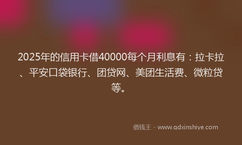 2025年的信用卡借40000每个月利息有：拉卡拉、平安口袋银行、团贷网、美团生活费、微粒贷等。