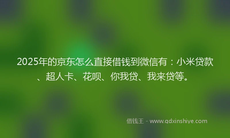 2025年的京东怎么直接借钱到微信有：小米贷款、超人卡、花呗、你我贷、我来贷等。