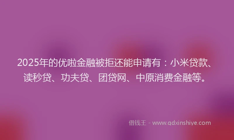2025年的优啦金融被拒还能申请有：小米贷款、读秒贷、功夫贷、团贷网、中原消费金融等。
