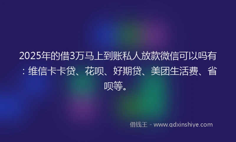 2025年的借3万马上到账私人放款微信可以吗有：维信卡卡贷、花呗、好期贷、美团生活费、省呗等。