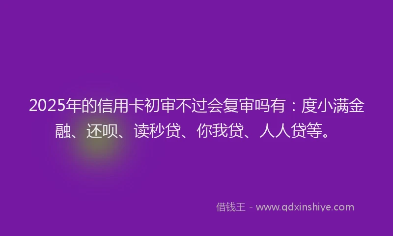 2025年的信用卡初审不过会复审吗有：度小满金融、还呗、读秒贷、你我贷、人人贷等。