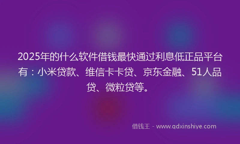 2025年的什么软件借钱最快通过利息低正品平台有：小米贷款、维信卡卡贷、京东金融、51人品贷、微粒贷等。