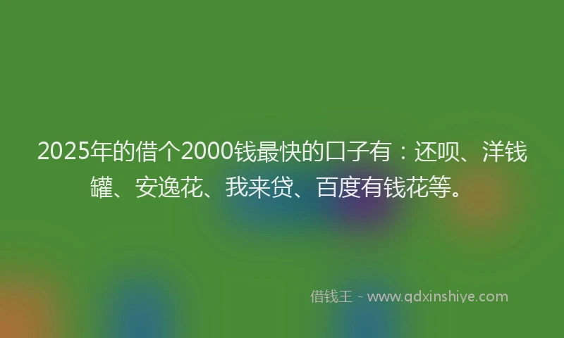 2025年的借个2000钱最快的口子有：还呗、洋钱罐、安逸花、我来贷、百度有钱花等。