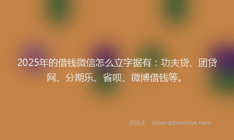 2025年的借钱微信怎么立字据有：功夫贷、团贷网、分期乐、省呗、微博借钱等。