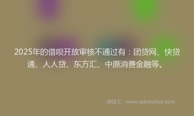2025年的借呗开放审核不通过有：团贷网、快贷通、人人贷、东方汇、中原消费金融等。