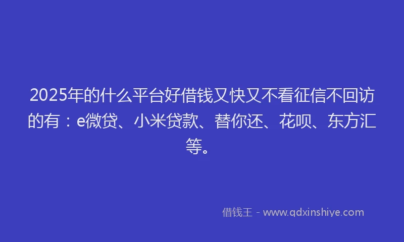 2025年的什么平台好借钱又快又不看征信不回访的有：e微贷、小米贷款、替你还、花呗、东方汇等。