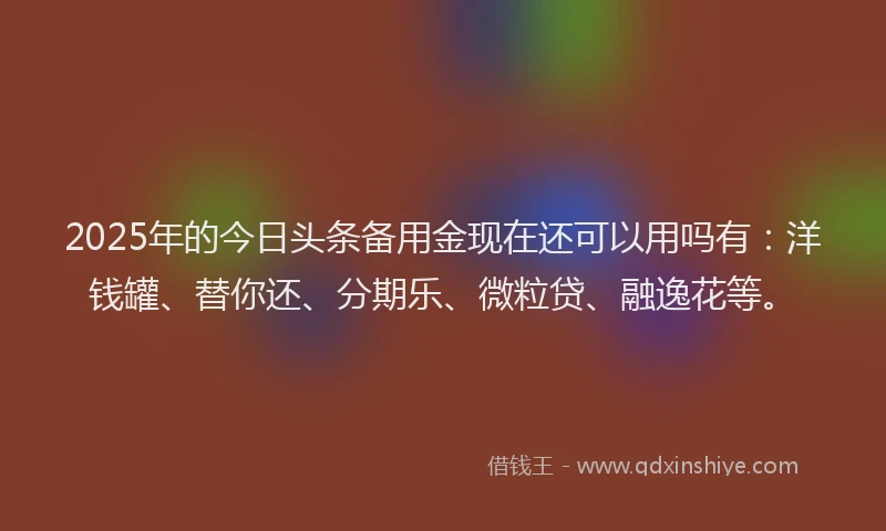 2025年的今日头条备用金现在还可以用吗有：洋钱罐、替你还、分期乐、微粒贷、融逸花等。