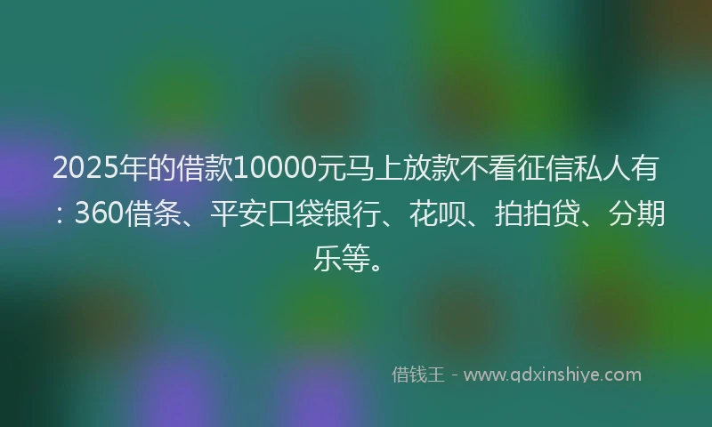 2025年的借款10000元马上放款不看征信私人有：360借条、平安口袋银行、花呗、拍拍贷、分期乐等。