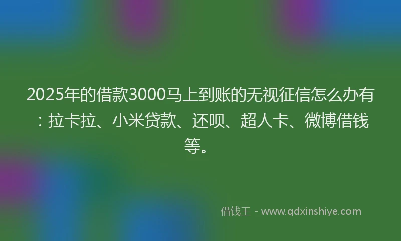 2025年的借款3000马上到账的无视征信怎么办有：拉卡拉、小米贷款、还呗、超人卡、微博借钱等。