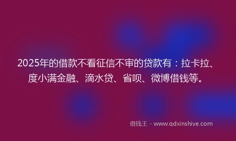 2025年的借款不看征信不审的贷款有：拉卡拉、度小满金融、滴水贷、省呗、微博借钱等。