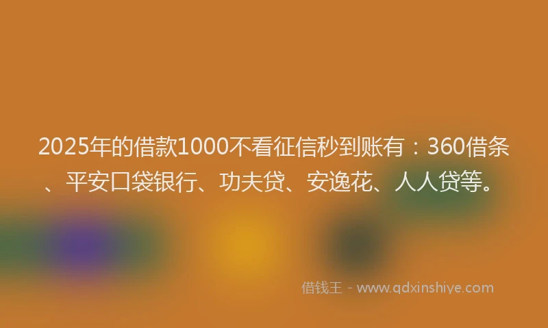 2025年的借款1000不看征信秒到账有：360借条、平安口袋银行、功夫贷、安逸花、人人贷等。
