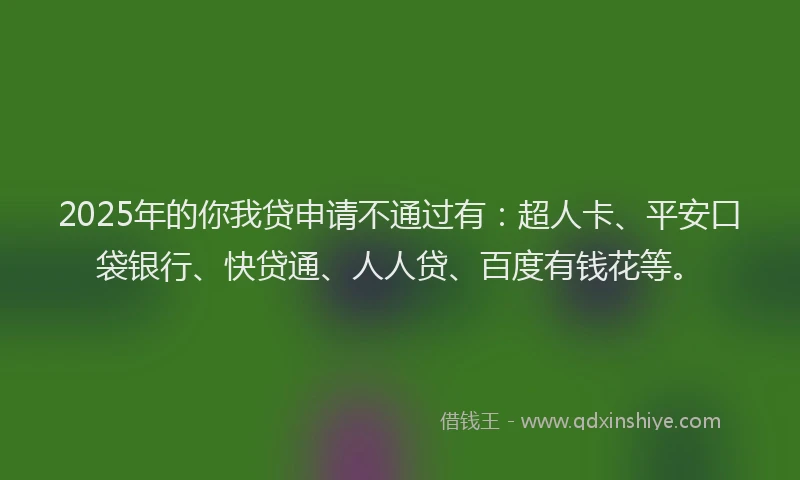 2025年的你我贷申请不通过有：超人卡、平安口袋银行、快贷通、人人贷、百度有钱花等。