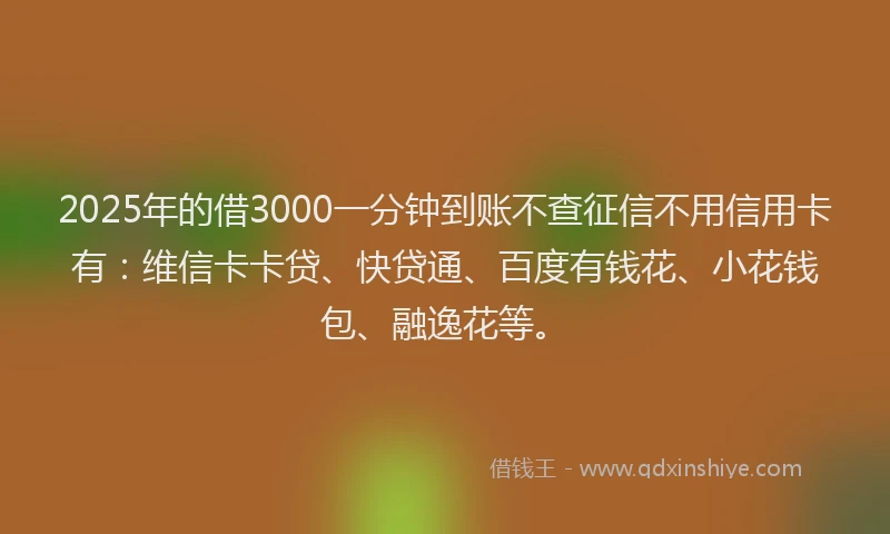 2025年的借3000一分钟到账不查征信不用信用卡有：维信卡卡贷、快贷通、百度有钱花、小花钱包、融逸花等。