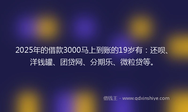 2025年的借款3000马上到账的19岁有：还呗、洋钱罐、团贷网、分期乐、微粒贷等。