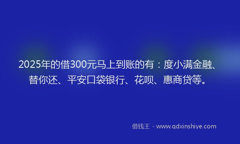2025年的借300元马上到账的有：度小满金融、替你还、平安口袋银行、花呗、惠商贷等。
