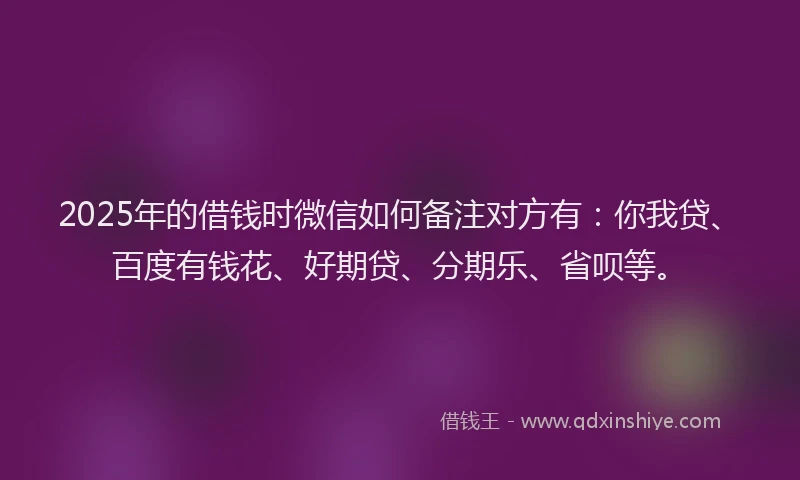 2025年的借钱时微信如何备注对方有：你我贷、百度有钱花、好期贷、分期乐、省呗等。