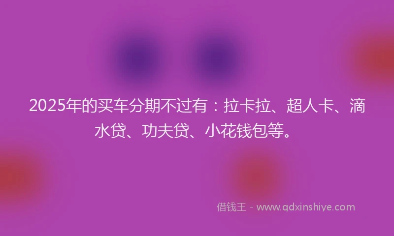 2025年的买车分期不过有：拉卡拉、超人卡、滴水贷、功夫贷、小花钱包等。