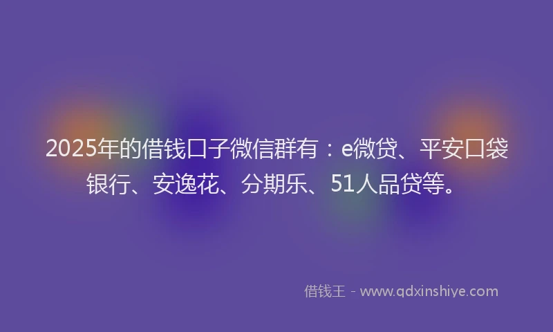 2025年的借钱口子微信群有：e微贷、平安口袋银行、安逸花、分期乐、51人品贷等。