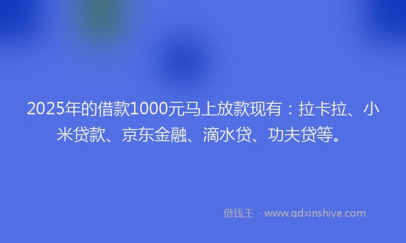 2025年的借款1000元马上放款现有：拉卡拉、小米贷款、京东金融、滴水贷、功夫贷等。