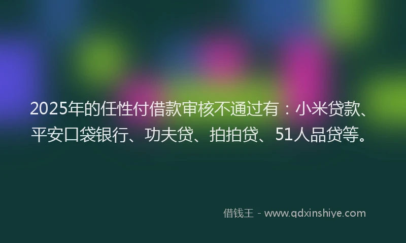 2025年的任性付借款审核不通过有：小米贷款、平安口袋银行、功夫贷、拍拍贷、51人品贷等。
