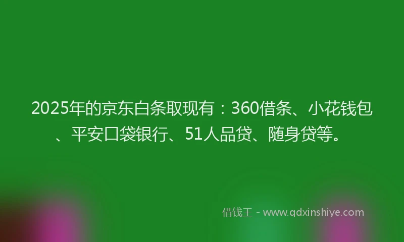 2025年的京东白条取现有：360借条、小花钱包、平安口袋银行、51人品贷、随身贷等。