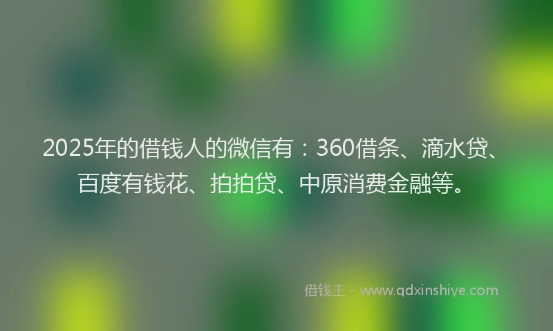 2025年的借钱人的微信有：360借条、滴水贷、百度有钱花、拍拍贷、中原消费金融等。