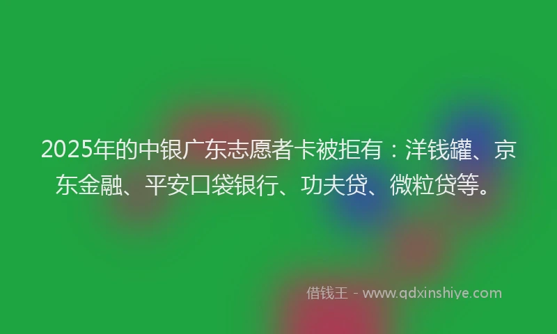 2025年的中银广东志愿者卡被拒有：洋钱罐、京东金融、平安口袋银行、功夫贷、微粒贷等。