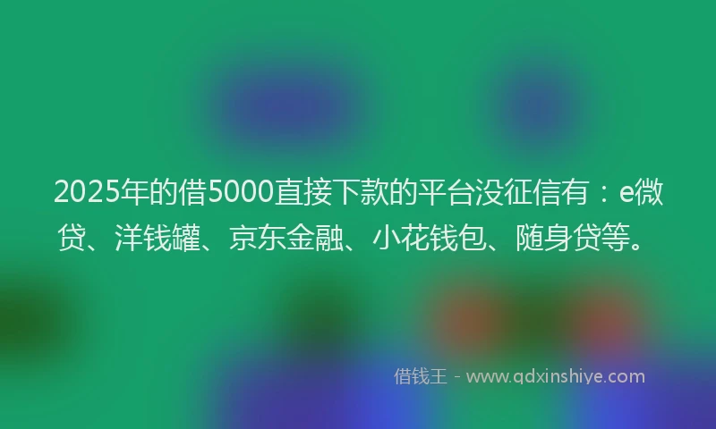 2025年的借5000直接下款的平台没征信有：e微贷、洋钱罐、京东金融、小花钱包、随身贷等。