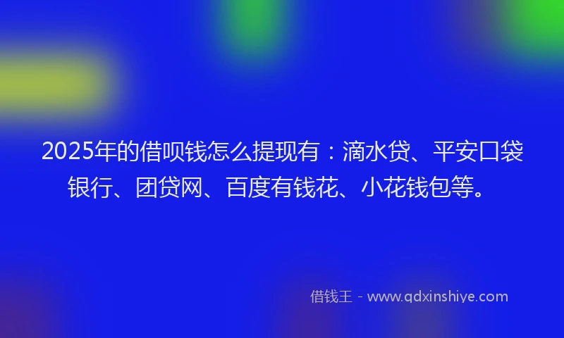 2025年的借呗钱怎么提现有：滴水贷、平安口袋银行、团贷网、百度有钱花、小花钱包等。