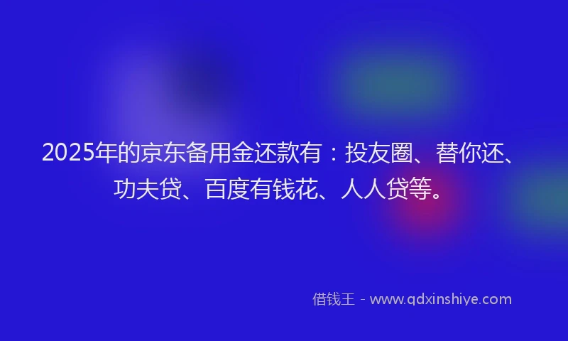 2025年的京东备用金还款有：投友圈、替你还、功夫贷、百度有钱花、人人贷等。