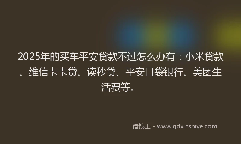 2025年的买车平安贷款不过怎么办有：小米贷款、维信卡卡贷、读秒贷、平安口袋银行、美团生活费等。