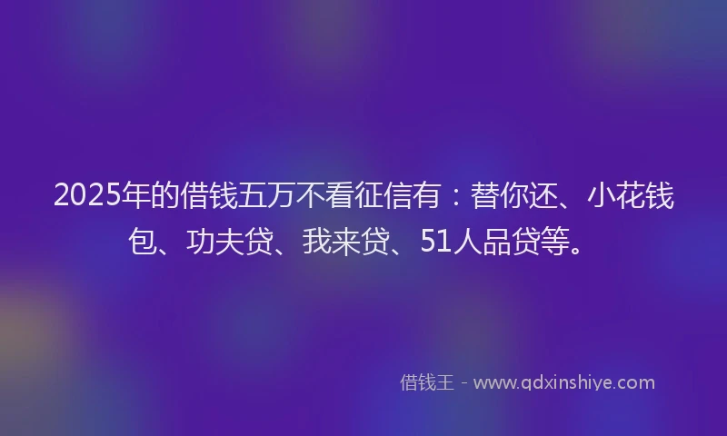2025年的借钱五万不看征信有：替你还、小花钱包、功夫贷、我来贷、51人品贷等。