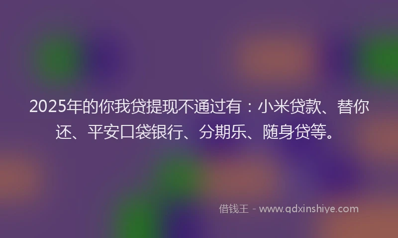2025年的你我贷提现不通过有：小米贷款、替你还、平安口袋银行、分期乐、随身贷等。