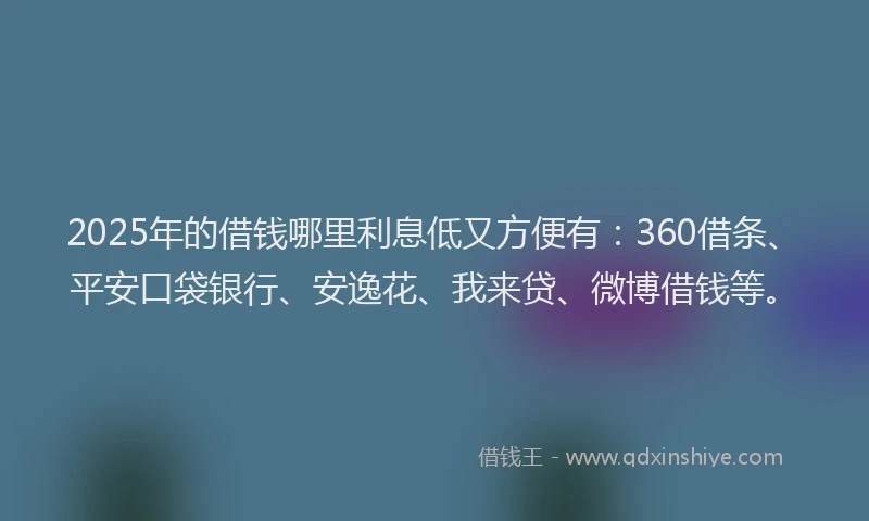 2025年的借钱哪里利息低又方便有：360借条、平安口袋银行、安逸花、我来贷、微博借钱等。