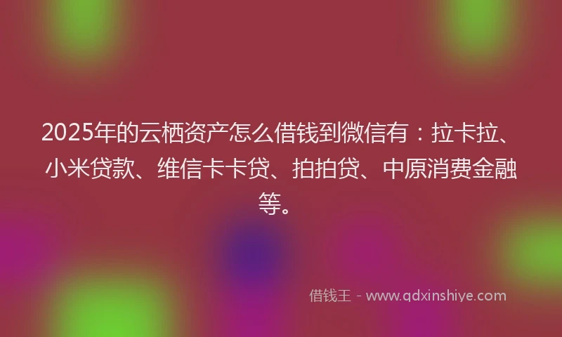 2025年的云栖资产怎么借钱到微信有：拉卡拉、小米贷款、维信卡卡贷、拍拍贷、中原消费金融等。