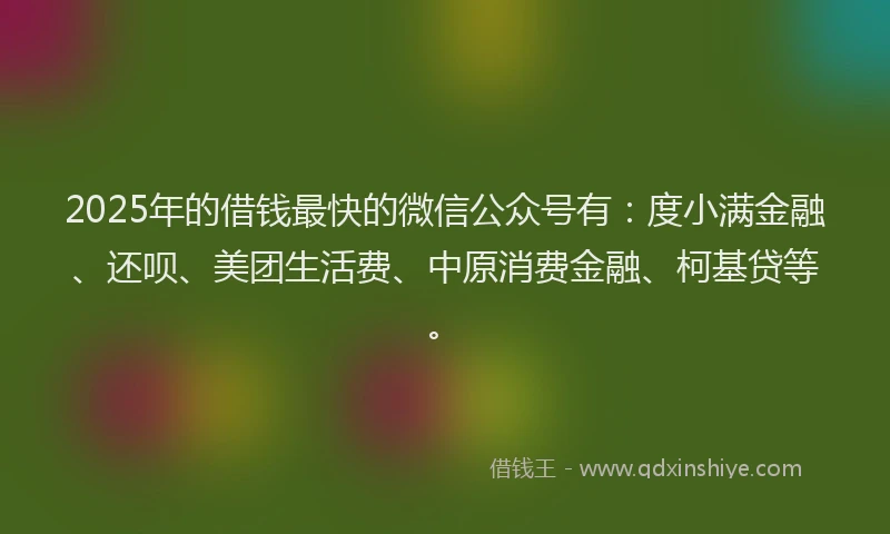 2025年的借钱最快的微信公众号有：度小满金融、还呗、美团生活费、中原消费金融、柯基贷等。
