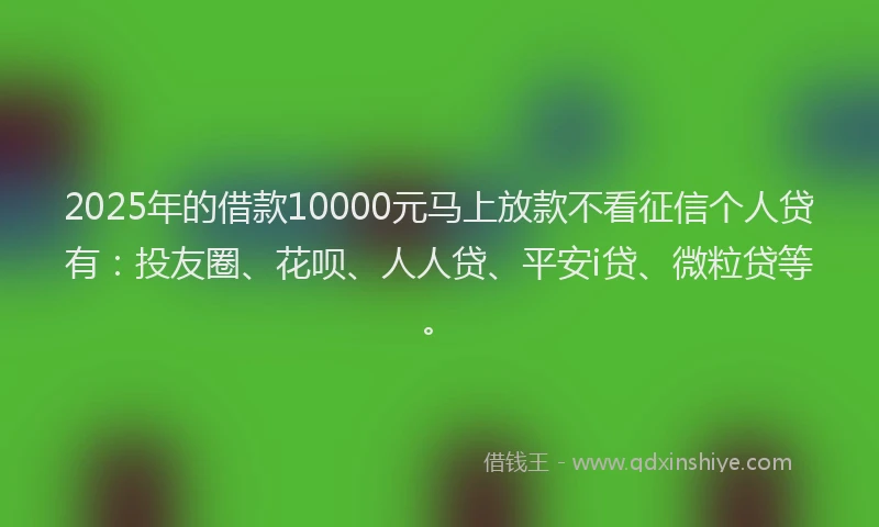 2025年的借款10000元马上放款不看征信个人贷有：投友圈、花呗、人人贷、平安i贷、微粒贷等。