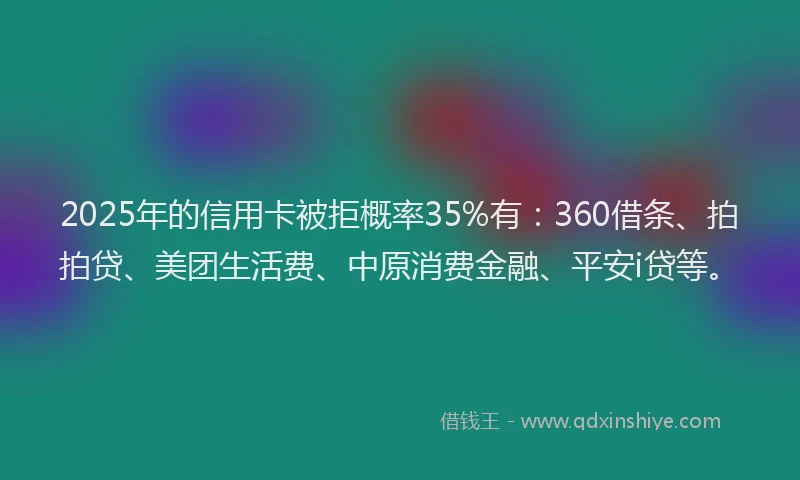 2025年的信用卡被拒概率35%有：360借条、拍拍贷、美团生活费、中原消费金融、平安i贷等。