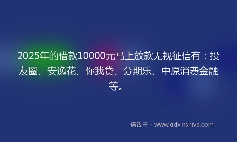 2025年的借款10000元马上放款无视征信有：投友圈、安逸花、你我贷、分期乐、中原消费金融等。