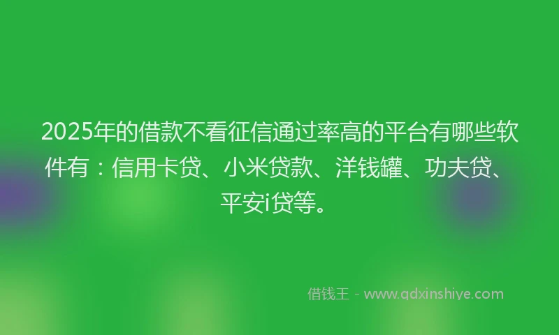 2025年的借款不看征信通过率高的平台有哪些软件有：信用卡贷、小米贷款、洋钱罐、功夫贷、平安i贷等。