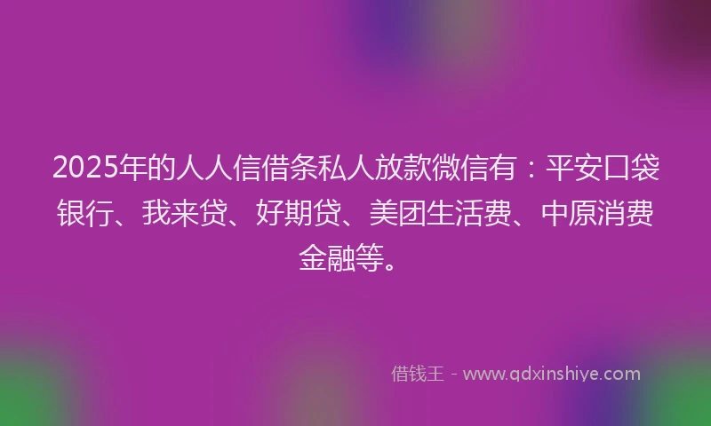 2025年的人人信借条私人放款微信有：平安口袋银行、我来贷、好期贷、美团生活费、中原消费金融等。