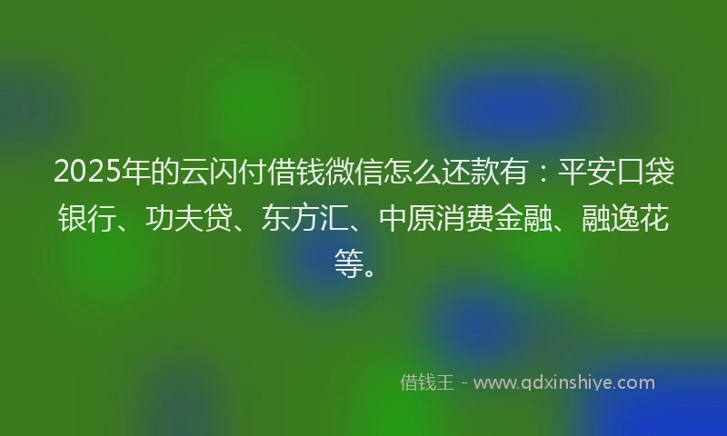 2025年的云闪付借钱微信怎么还款有：平安口袋银行、功夫贷、东方汇、中原消费金融、融逸花等。