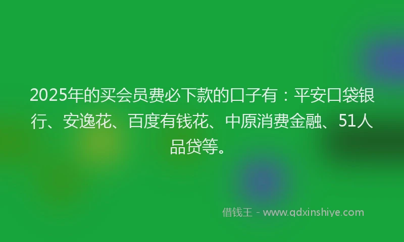 2025年的买会员费必下款的口子有：平安口袋银行、安逸花、百度有钱花、中原消费金融、51人品贷等。