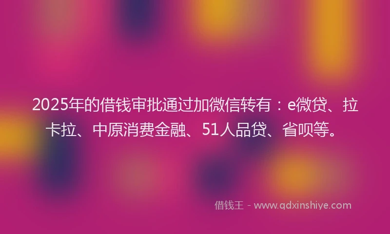 2025年的借钱审批通过加微信转有：e微贷、拉卡拉、中原消费金融、51人品贷、省呗等。