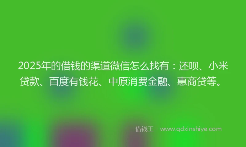 2025年的借钱的渠道微信怎么找有：还呗、小米贷款、百度有钱花、中原消费金融、惠商贷等。