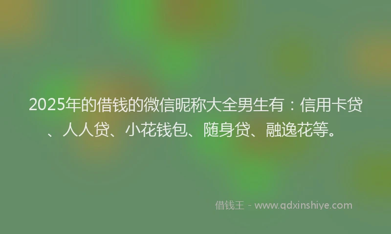 2025年的借钱的微信昵称大全男生有：信用卡贷、人人贷、小花钱包、随身贷、融逸花等。