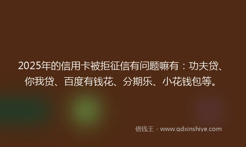 2025年的信用卡被拒征信有问题嘛有：功夫贷、你我贷、百度有钱花、分期乐、小花钱包等。