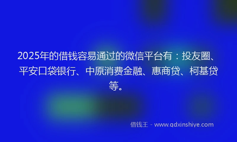 2025年的借钱容易通过的微信平台有：投友圈、平安口袋银行、中原消费金融、惠商贷、柯基贷等。