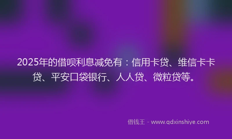 2025年的借呗利息减免有：信用卡贷、维信卡卡贷、平安口袋银行、人人贷、微粒贷等。